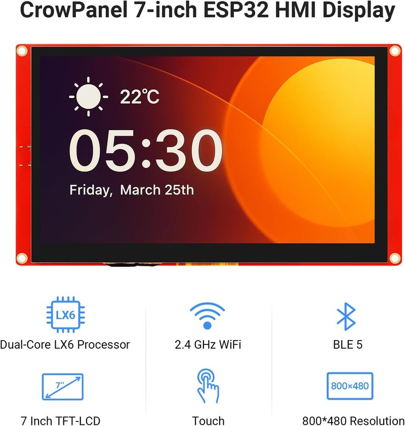 ELECROW ESP32 Display 800×480, 7 Inch HMI ESP32 RGB TFT LCD Touch Screen with Acrylic Case, 32-Bit LX6 Dual-Core Processor, Up to 240MHz, Compatible with Arduino, LVGL, PlatformIO, MicroPython - Image 2